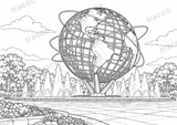 Black-and-white drawing of Unisphere in Flushing Meadows, watermarked preview