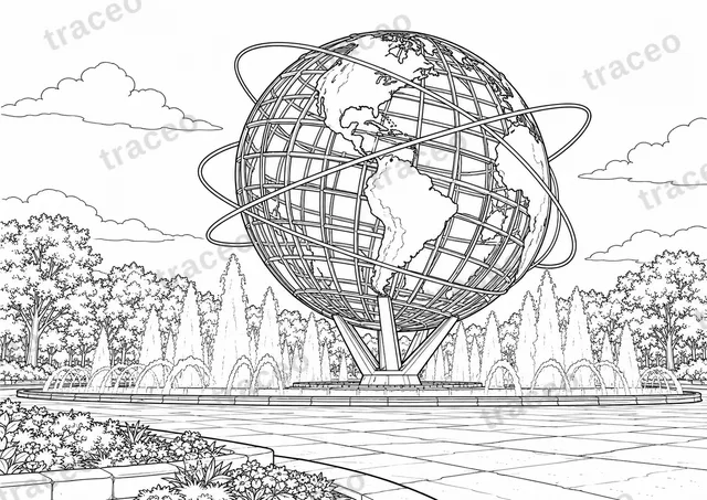 Black-and-white drawing of Unisphere in Flushing Meadows, watermarked preview