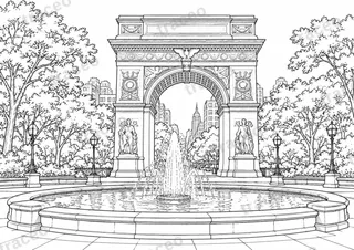Black-and-white drawing of Washington Square Park, watermarked preview