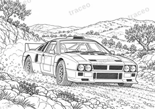 Coloriage noir et blanc au format horizontal de Lancia Rally 037 · Acropole, sans logos ni sponsors dessinés
