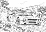 Querformatige Schwarz-Weiß-Malvorlage von Lancia Rally 037 · Akropolis, ohne gezeichnete Logos oder Sponsoren