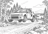 Querformatige Schwarz-Weiß-Ausmalseite von Peugeot 205 T16 · Finnischer Sprung, ohne gezeichnete Logos oder Sponsoren