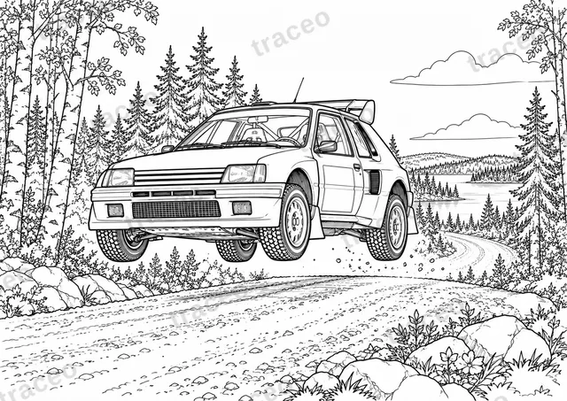 Planșă de colorat alb-negru în format orizontal pentru peugeot 205 t16 · salt finlandez, fără logo-uri sau sponsori desenate