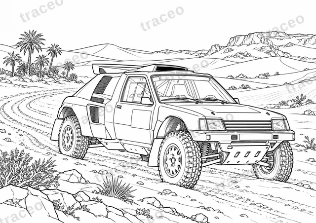 Coloriage noir et blanc au format horizontal de peugeot 205 t16 grand raid · sahara, sans logos dessinés ni sponsors