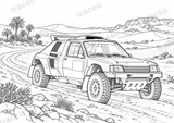 Querformatige Schwarz-Weiß-Malseite von Peugeot 205 T16 Grand Raid · Sahara, ohne gezeichnete Logos oder Sponsoren