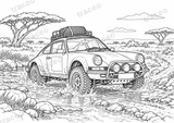 Querformatiges Schwarz-Weiß-Ausmalbild Porsche 911 · Safari, ohne gezeichnete Logos oder Sponsoren