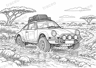 Coloriage noir et blanc au format horizontal de la Porsche 911 · safari, sans logos dessinés ni sponsors