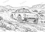 Querformatige Schwarz-Weiß-Ausmalseite von Porsche 959 · Dakar-Strecken, ohne gezeichnete Logos oder Sponsoren