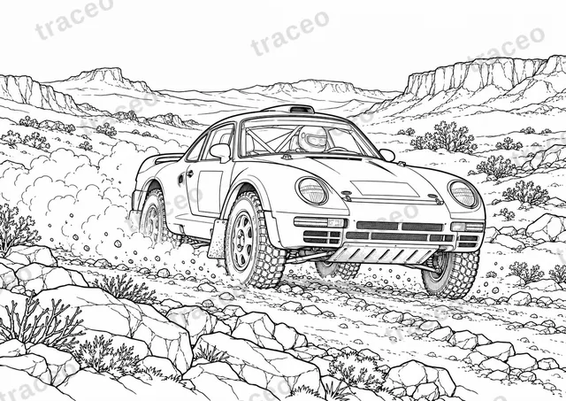 Coloriage noir et blanc au format horizontal de la Porsche 959 · pistes de Dakar, sans logos ni sponsors dessinés