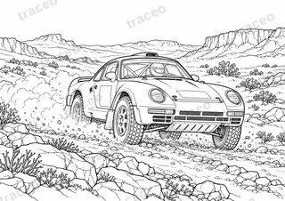 Querformatige Schwarz-Weiß-Ausmalseite von Porsche 959 · Dakar-Strecken, ohne gezeichnete Logos oder Sponsoren