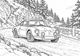 Querformatige Schwarz-Weiß-Malseite von alpine a110 · col de turini, ohne gezeichnete Logos oder Sponsoren