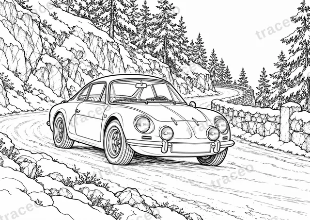 Coloriage noir et blanc au format horizontal de l'alpine a110 · col de turini, sans logos dessinés ni sponsors