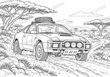 Querformatige Schwarz-Weiß-Ausmalseite von Toyota Celica GT-Four · Safari, ohne gezeichnete Logos oder Sponsoren