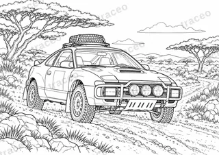 Horizontal-format black-and-white colouring page of toyota celica gt-four · safari, without drawn logos or sponsors