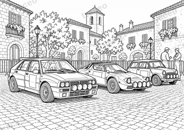 Página para colorir em preto e branco em formato horizontal do parque fechado · clássicos do rally, sem logotipos desenhados ou patrocinadores