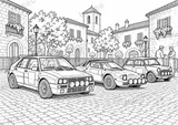 Querformatige Schwarz-Weiß-Ausmalseite von Parc Fermé · Rallye-Klassikern, ohne gezeichnete Logos oder Sponsoren
