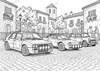Coloriage noir et blanc au format horizontal du parc fermé · classiques des rallyes, sans logos ni sponsors dessinés