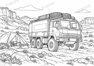 Horizontal-format black-and-white colouring page of support truck · dakar, without drawn logos or sponsors