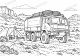 Querformatige Schwarz-Weiß-Ausmalseite des Support-Trucks · Dakar, ohne gezeichnete Logos oder Sponsoren