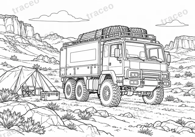 Horizontal-format black-and-white colouring page of support truck · dakar, without drawn logos or sponsors