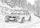 Querformatige Schwarz-Weiß-Malvorlage von Lancia Delta Integrale · Winter, ohne gezeichnete Logos oder Sponsoren