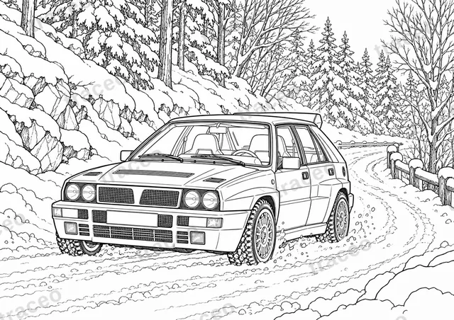 Plansa de colorat alb-negru in format orizontal lancia delta integrale · iarna, fara logo-uri sau sponsori desenate