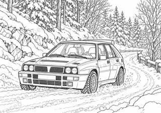 Coloriage noir et blanc au format horizontal de la Lancia Delta Integrale · hiver, sans logos ni sponsors dessinés