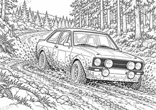 Querformatige Schwarz-Weiß-Malseite von Ford Escort RS1800 · Welsh Forests, ohne gezeichnete Logos oder Sponsoren