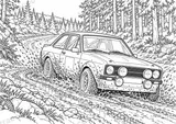 Querformatige Schwarz-Weiß-Malseite von Ford Escort RS1800 · Welsh Forests, ohne gezeichnete Logos oder Sponsoren