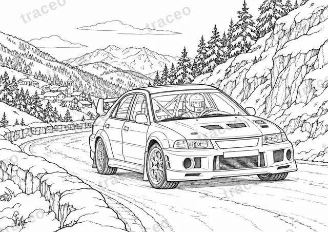 Horizontal-format black-and-white colouring page of mitsubishi lancer evolution vi · monte carlo, without drawn logos or sponsors