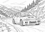 Querformatige Schwarz-Weiß-Malseite von Mitsubishi Lancer Evolution VI · Monte Carlo, ohne gezeichnete Logos oder Sponsoren