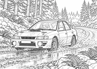 Horizontal-format black-and-white colouring page of subaru impreza · british rally, without drawn logos or sponsors