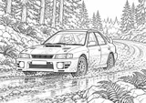 Querformatige Schwarz-Weiß-Ausmalseite von Subaru Impreza · British Rally, ohne gezeichnete Logos oder Sponsoren