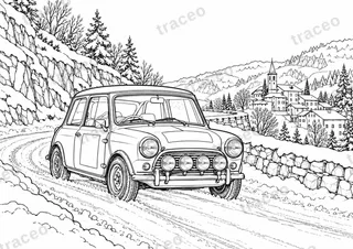 Horizontal-format black-and-white colouring page of mini cooper s · classic monte carlo, without drawn logos or sponsors