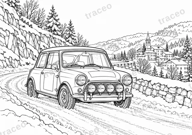 Coloriage noir et blanc au format horizontal de Mini Cooper S · Monte Carlo classique, sans logos ni sponsors dessinés