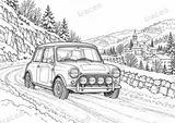 Querformatige Schwarz-Weiß-Malvorlage von Mini Cooper S · Classic Monte Carlo, ohne gezeichnete Logos oder Sponsoren