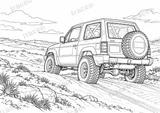 Querformatige Schwarz-Weiß-Malvorlage von Mitsubishi Pajero · Classic Dakar, ohne gezeichnete Logos oder Sponsoren