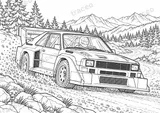 Querformatige Schwarz-Weiß-Malvorlage Audi Sport quattro S1 · Schotter, ohne gezeichnete Logos oder Sponsoren