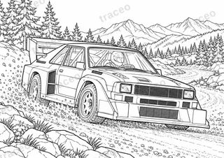 Querformatige Schwarz-Weiß-Malvorlage Audi Sport quattro S1 · Schotter, ohne gezeichnete Logos oder Sponsoren
