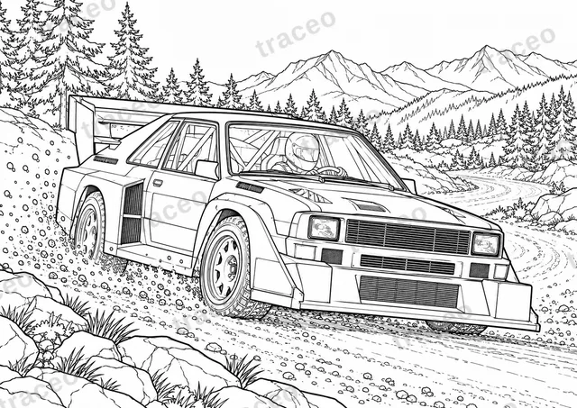 Página para colorir em preto e branco em formato horizontal do audi sport quattro s1 · cascalho, sem logotipos desenhados ou patrocinadores