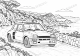 Querformatige Schwarz-Weiß-Malvorlage von Renault 5 Turbo · Korsika, ohne gezeichnete Logos oder Sponsoren