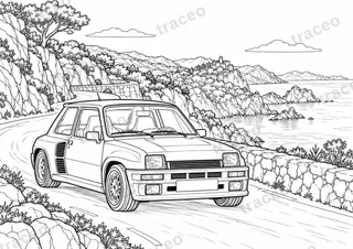 Querformatige Schwarz-Weiß-Malvorlage von Renault 5 Turbo · Korsika, ohne gezeichnete Logos oder Sponsoren