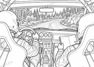 Coloriage noir et blanc au format horizontal de l'intérieur de la scène · pilote et copilote, sans logos ni sponsors dessinés