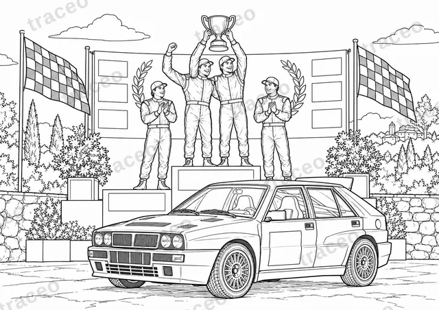 Coloriage noir et blanc au format horizontal d'une célébration du podium, sans logos ni sponsors dessinés