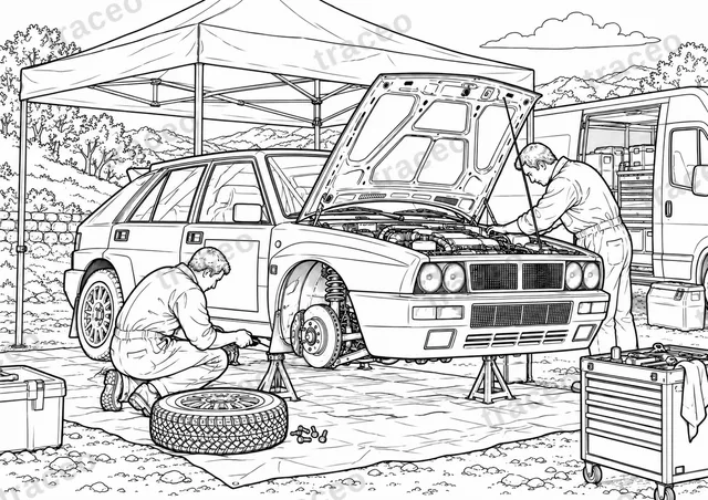 Horizontal-format black-and-white colouring page of service between stages, without drawn logos or sponsors