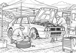 Horizontal-format black-and-white colouring page of service between stages, without drawn logos or sponsors