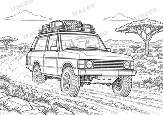 Horizontal-format black-and-white colouring page of range rover · dakar pioneers, without drawn logos or sponsors