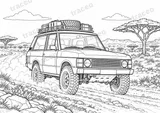 Querformatige Schwarz-Weiß-Malvorlage von Range Rover · Dakar-Pionieren, ohne gezeichnete Logos oder Sponsoren
