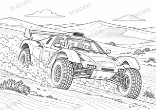 Horizontal-format black-and-white colouring page of schlesser buggy · sea of sand, without drawn logos or sponsors