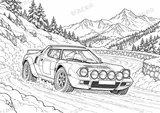 Querformatige Schwarz-Weiß-Malvorlage von Lancia Stratos · Monte Carlo, ohne gezeichnete Logos oder Sponsoren